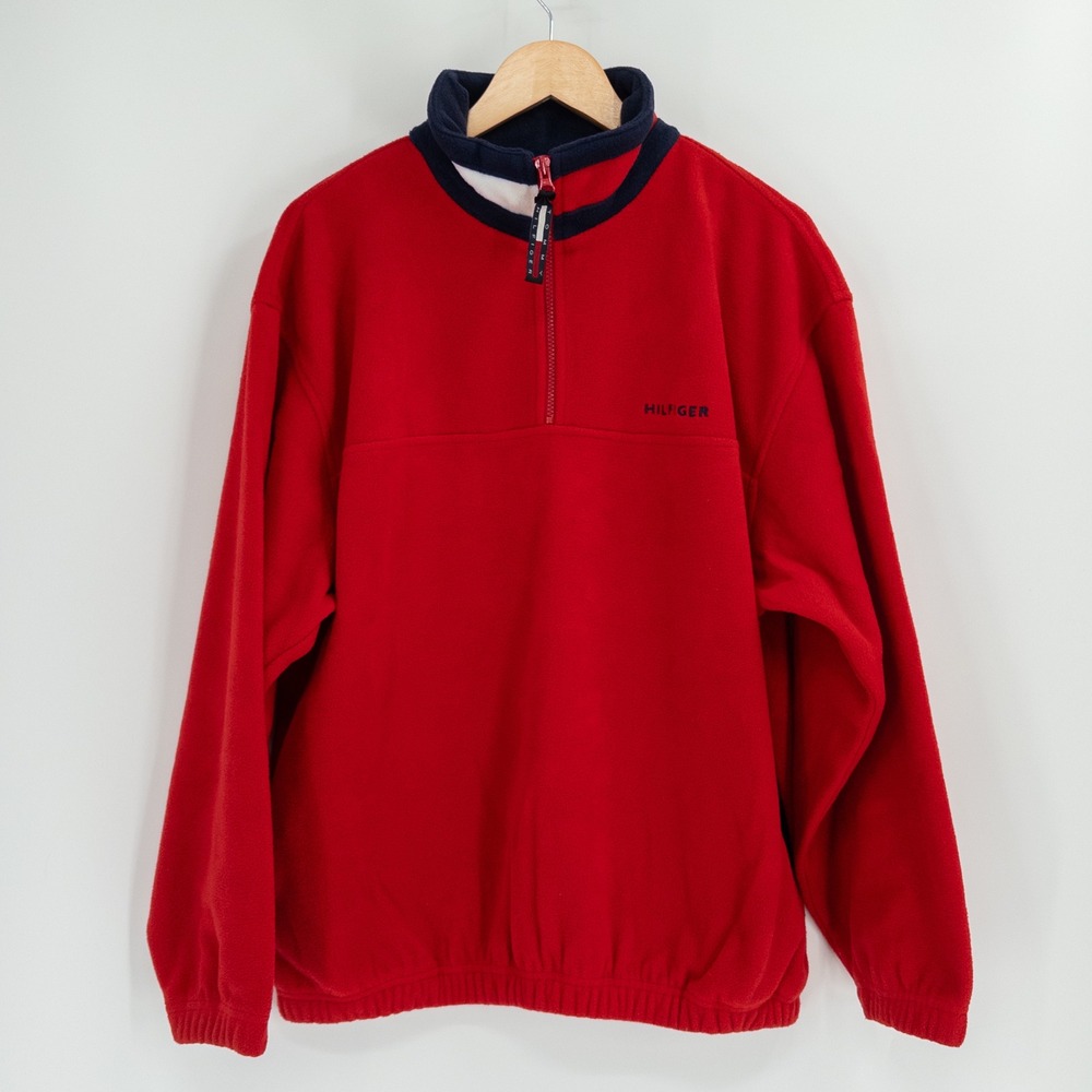 Vintage 90s Tommy Hilfiger Fleece Pullover Mens M Red Quarter Zip Streetwear Y2K